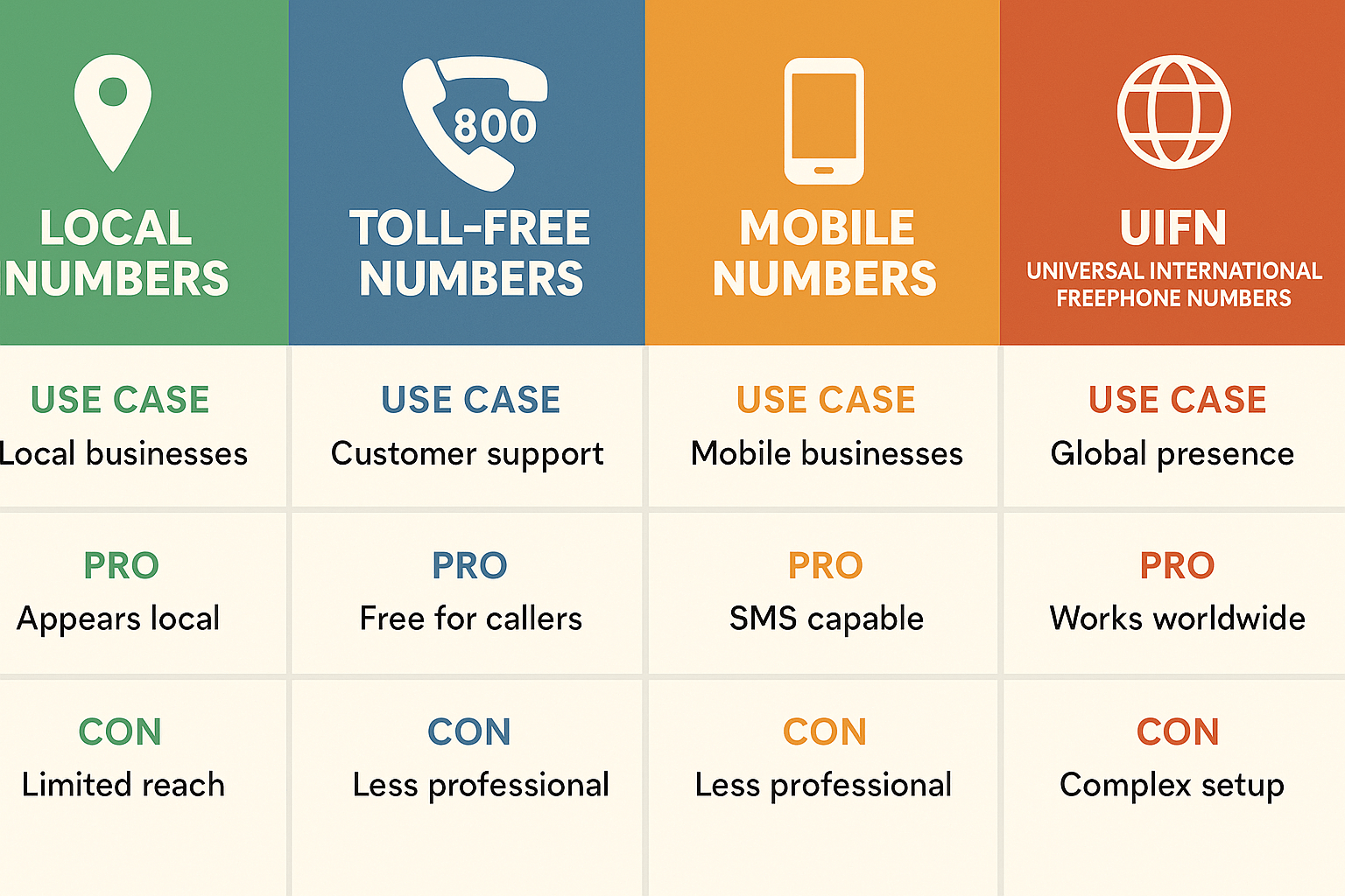 Chart comparing local, toll-free, mobile, and UIFN numbers with pros and cons listed for each type.