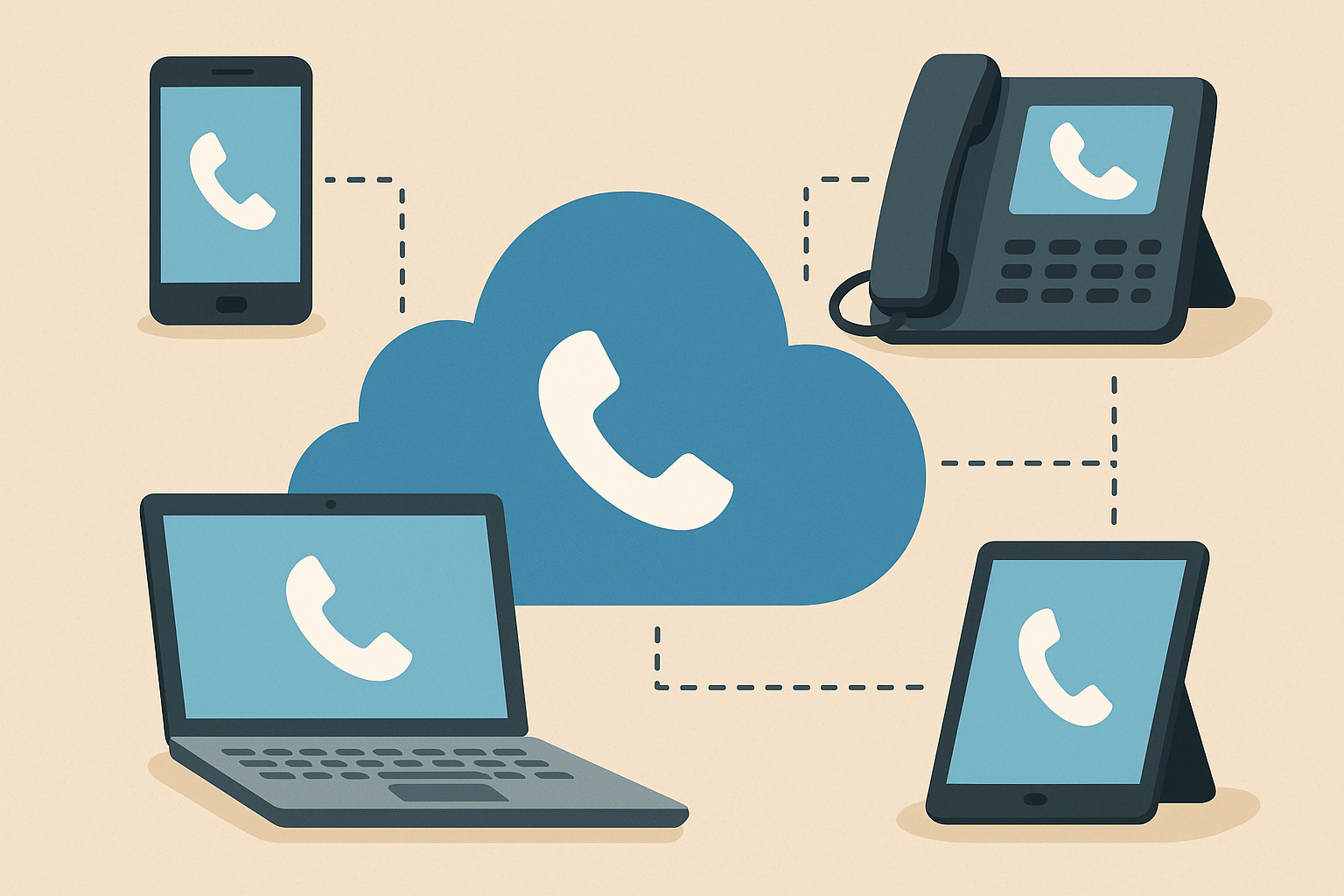 Diagram illustrating a cloud-based virtual phone system with various devices connected.