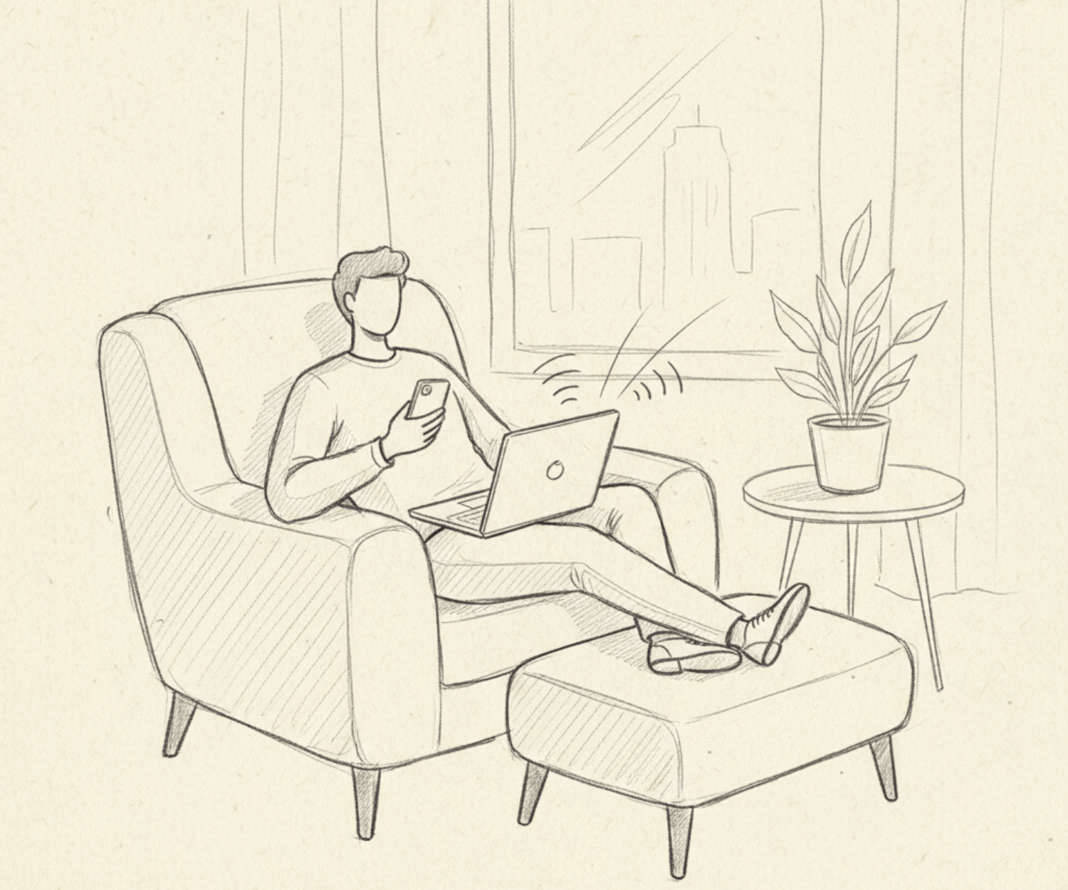 Illustration of a person sitting in a chair with a laptop and smartphone, working remotely.