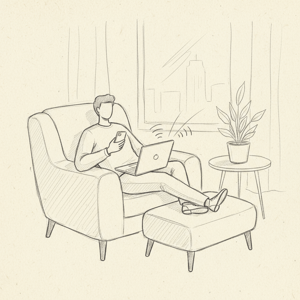 A sketch of a person working remotely on their laptop and smartphone.
