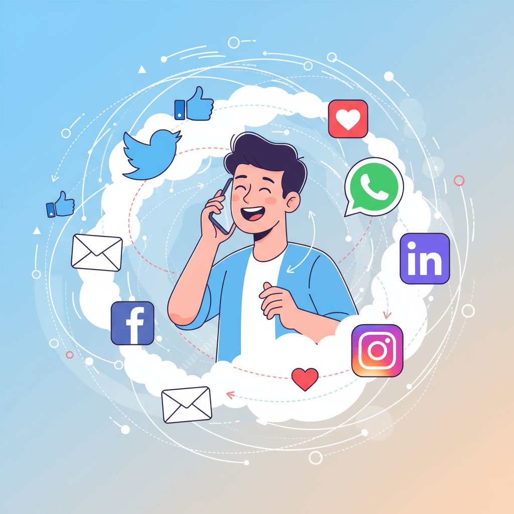 An illustration of a person engaging with customers through phone calls, social media, and email.