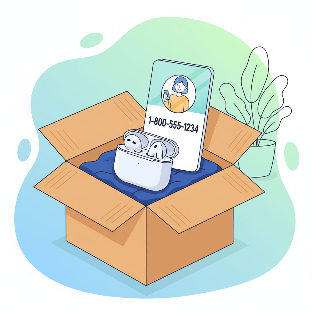 An illustration showing an open box with a product and a thank you card clearly displaying a toll-free number.