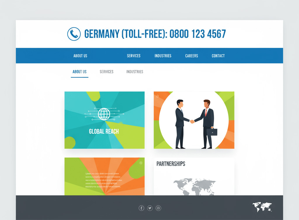 An illustration of a clean and modern website layout, prominently displaying a Germany toll-free number in the header.