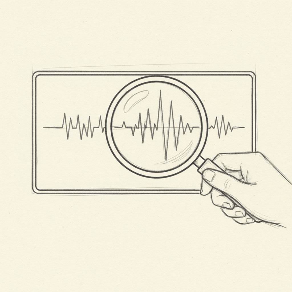 A sketch of an audio soundwave being analysed with a magnifying glass.