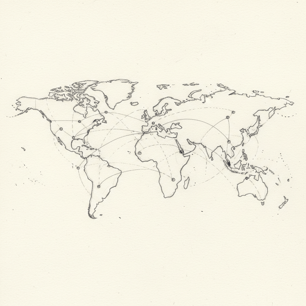 A sketch of a world map with interconnected points, symbolising a global business network.