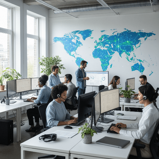 A diverse team of customer support agents working in a modern, bright office with world map graphics on the wall, representing global customer support.