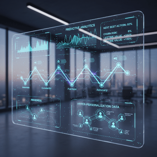 A futuristic interface showing a customer journey map with predictive analytics insights and hyper-personalization data points.