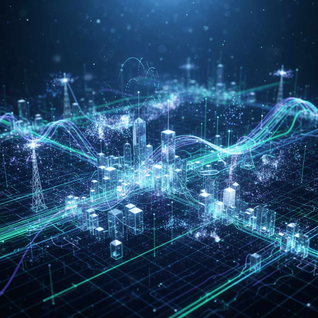 An abstract visualisation of glowing data streams and network grids representing the massive data influx from IoT and 5G in the telecommunications industry.