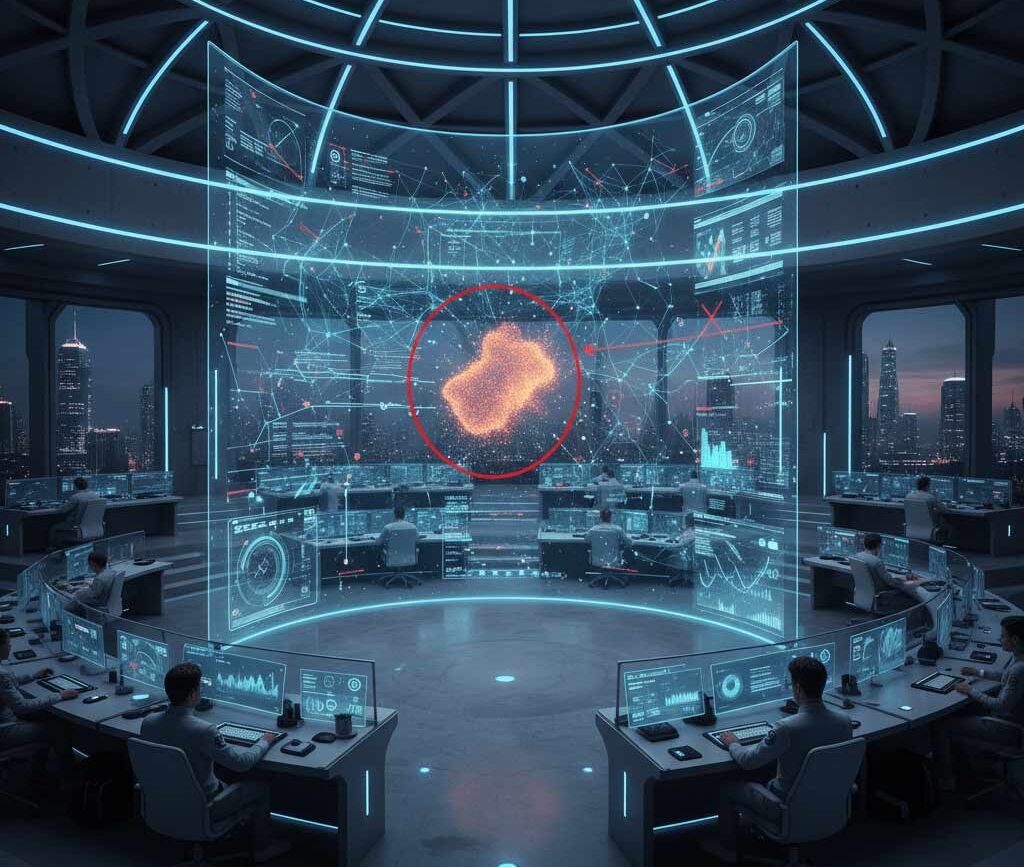 A futuristic network operations center with a holographic interface displaying predictive analytics and identifying a potential network anomaly before it occurs.