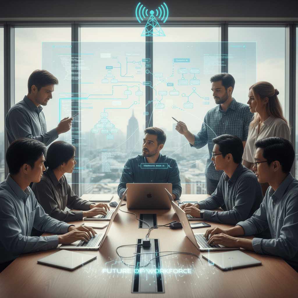 A diverse team of telecom engineers and data scientists collaborating around a digital whiteboard displaying complex AI models, representing the need for upskilling and a new kind of workforce.