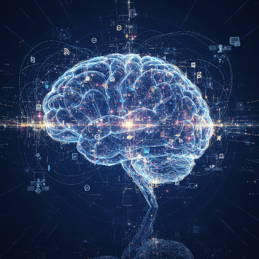 An abstract image of a brain made of glowing digital networks, symbolising AI intelligence in communication technology.